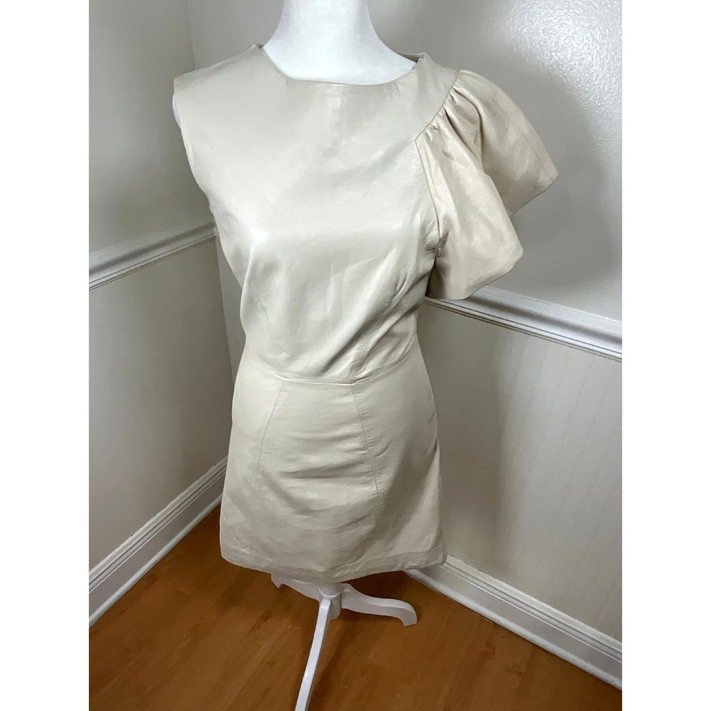 Milly of New York Sleeveless Mini Dress Lamb Leather Beige Cocktail Women Size 4